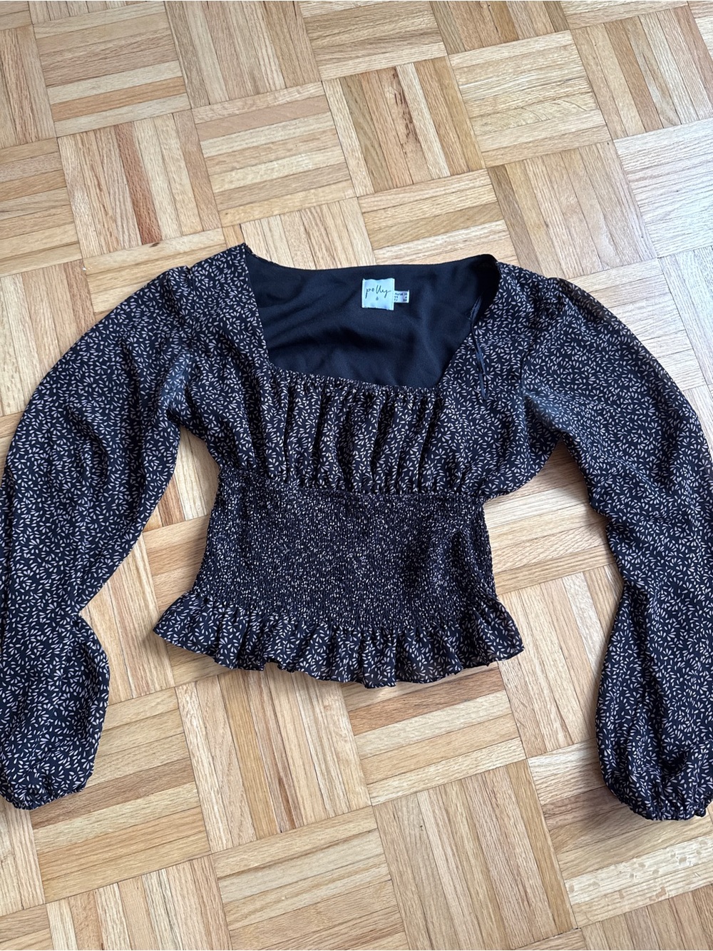 Princess Polly Black Smocked Peplum Blouse with Cream Ditsy Print